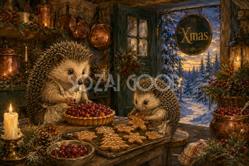ハリネズミのクリスマス菓子店｜Xmasのメッセージカード・背景イラスト96677