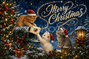 手紙を届ける三匹の猫｜Merry Christmasのメッセージカード・背景イラスト96678