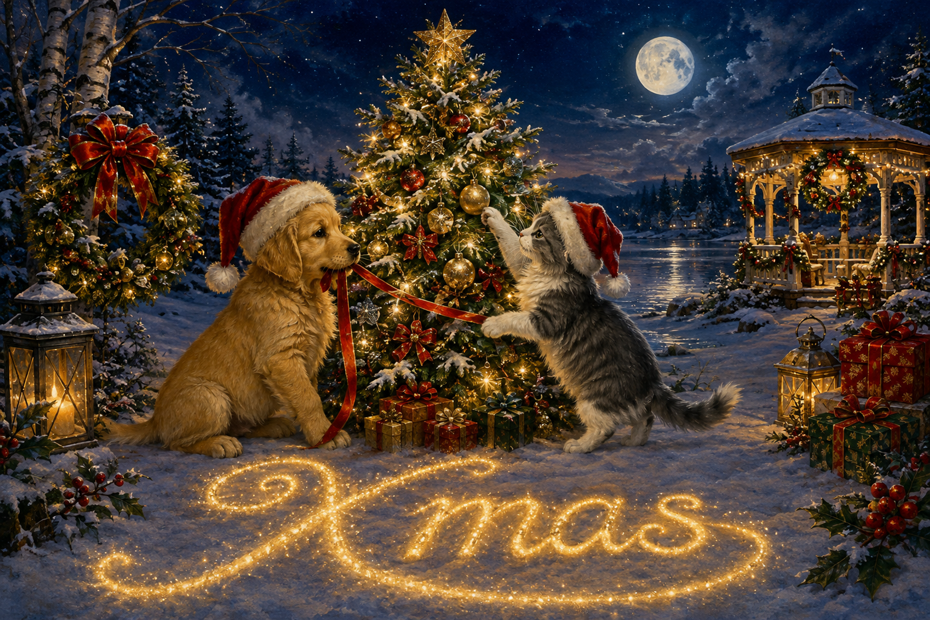 雪原でツリーを飾る犬と猫｜Xmasのクリスマスメッセージカード・背景イラスト96679に写真・文字を入れる