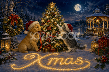 雪原でツリーを飾る犬と猫｜Xmasのクリスマスメッセージカード・背景イラスト96679
