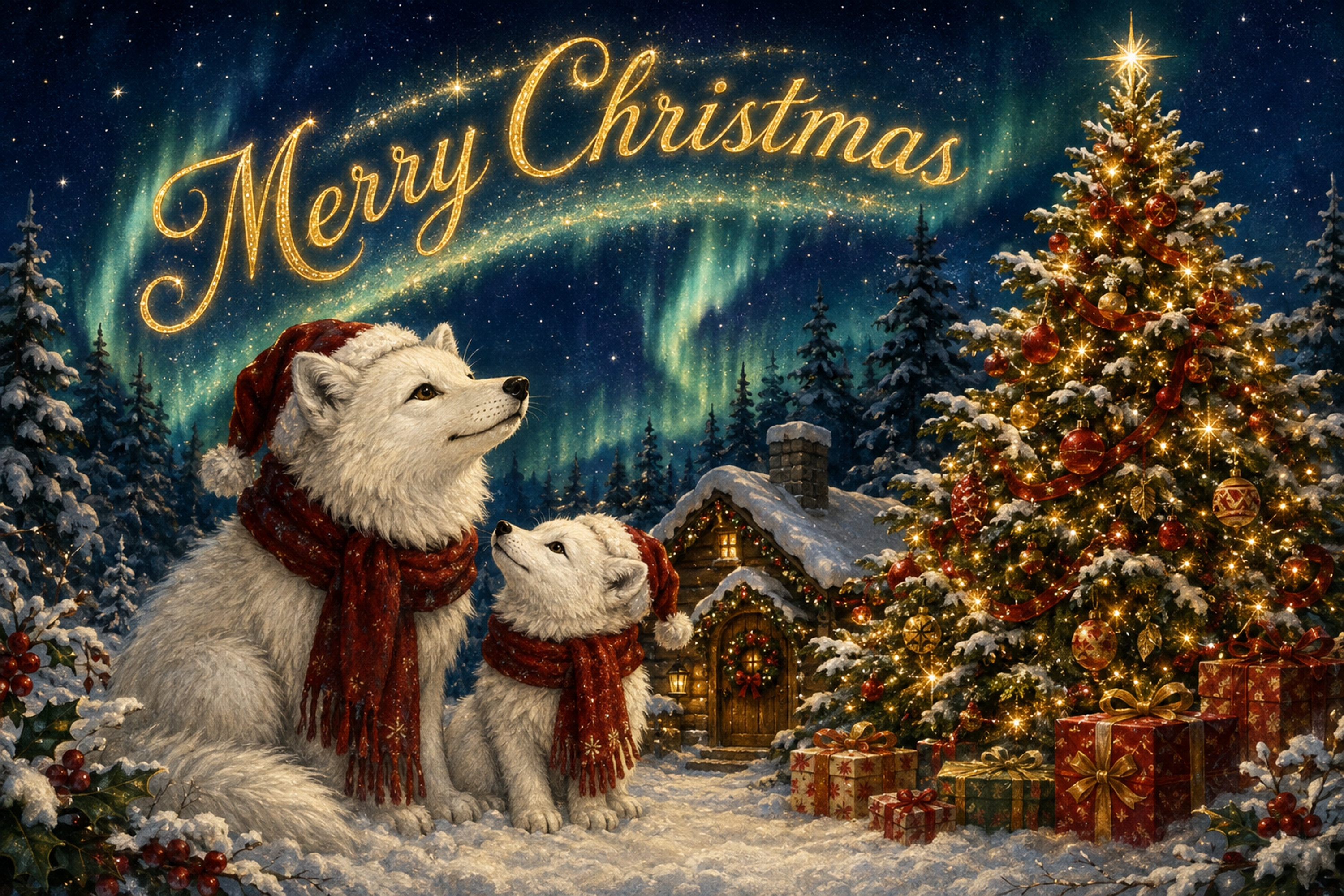 白いキツネ親子とオーロラ｜Merry Christmasのメッセージカード・背景イラスト96680に写真・文字を入れる
