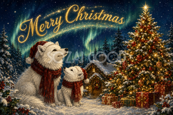 白いキツネ親子とオーロラ｜Merry Christmasのメッセージカード・背景イラスト96680