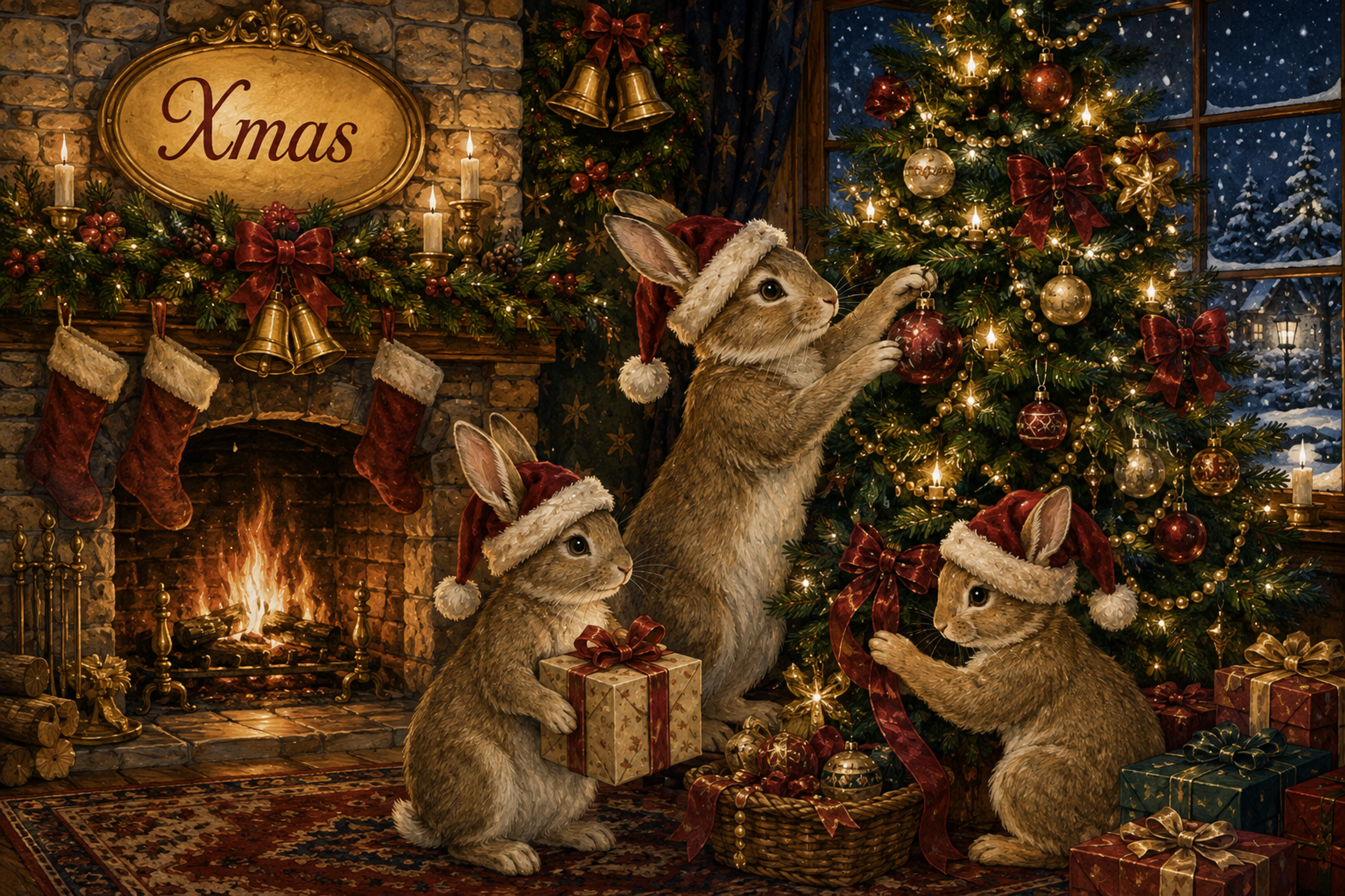 暖炉でツリーを飾るうさぎたち｜Xmasのクリスマスメッセージカード・背景イラスト96681に写真・文字を入れる