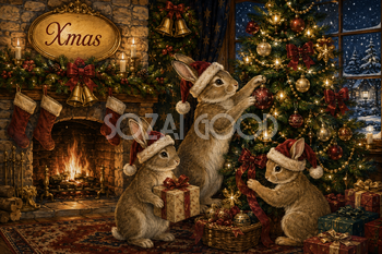 暖炉でツリーを飾るうさぎたち｜Xmasのクリスマスメッセージカード・背景イラスト96681