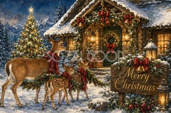鹿の親子と雪の山小屋｜Merry Christmasのメッセージカード・背景イラスト96682