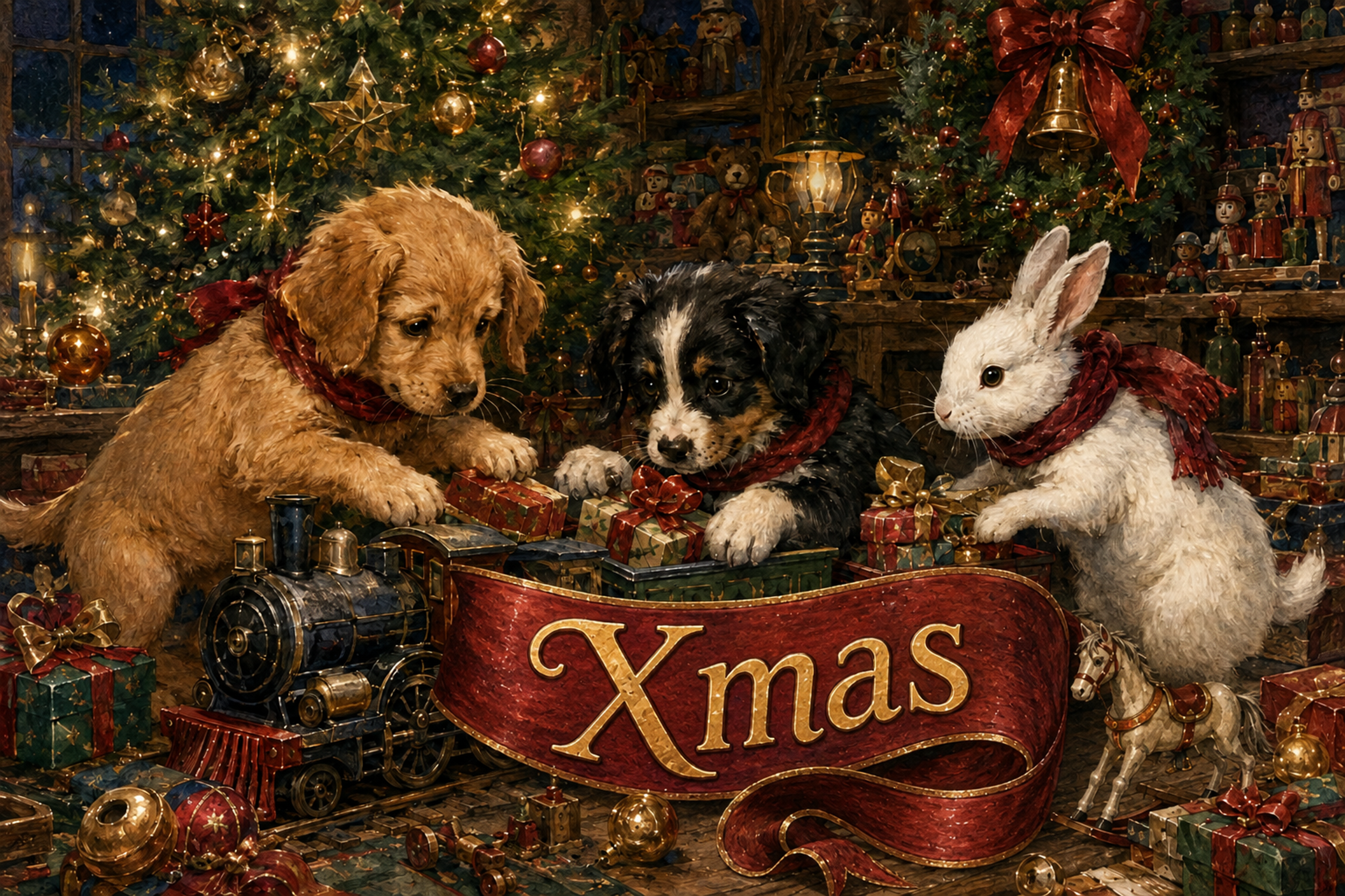 子犬とうさぎのクリスマス玩具工房｜Xmasのメッセージカード・背景イラスト96683に写真・文字を入れる