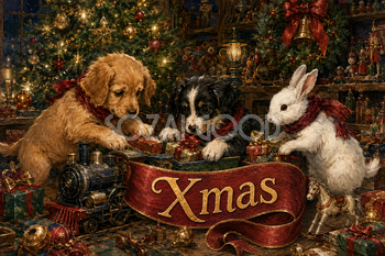 子犬とうさぎのクリスマス玩具工房｜Xmasのメッセージカード・背景イラスト96683