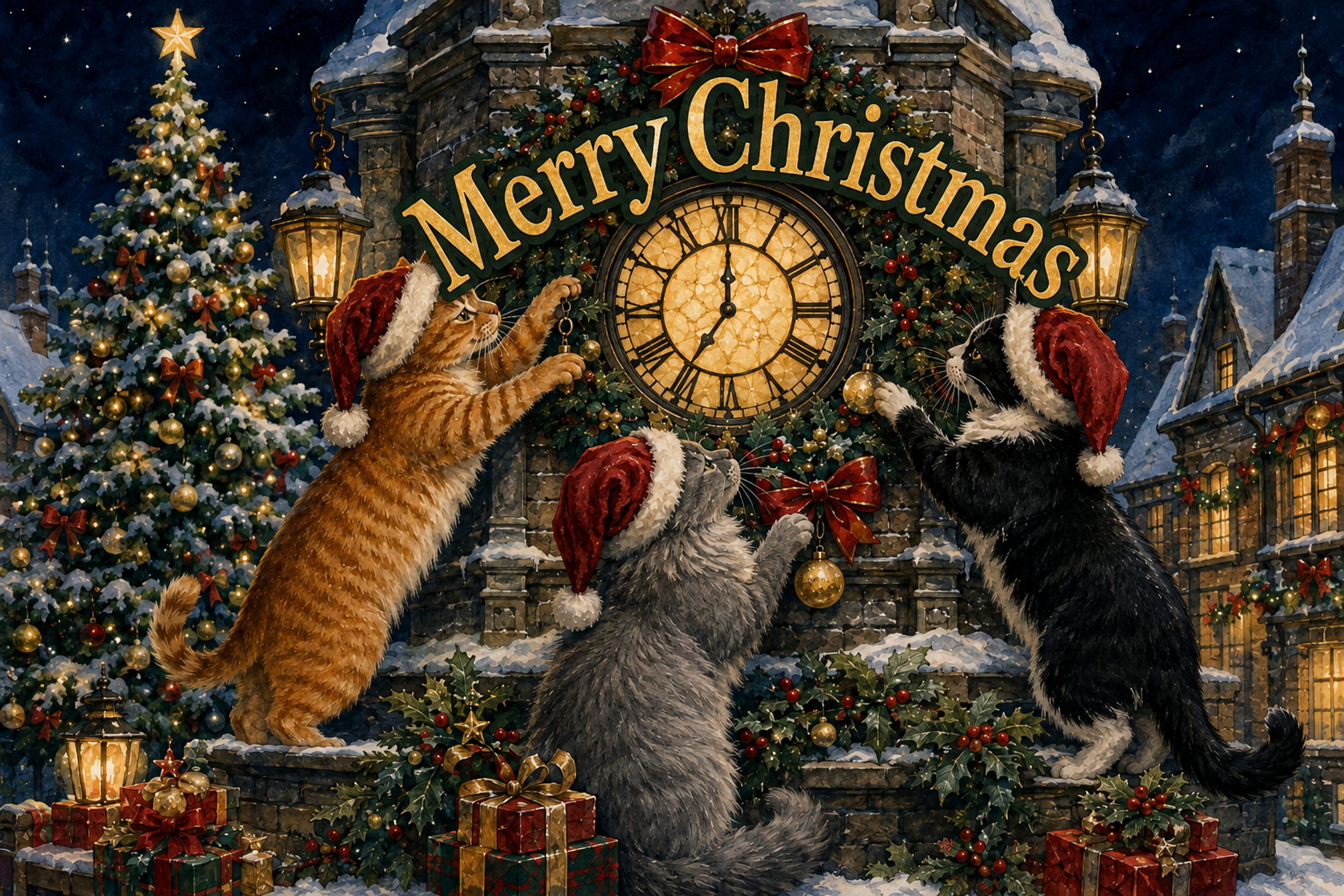 時計塔に集う三匹の猫｜Merry Christmasのクリスマスメッセージカード・背景イラスト96684に写真・文字を入れる