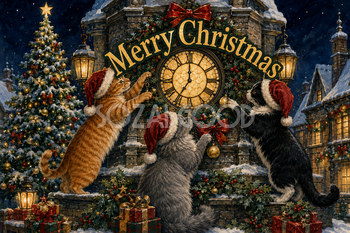 時計塔に集う三匹の猫｜Merry Christmasのクリスマスメッセージカード・背景イラスト96684