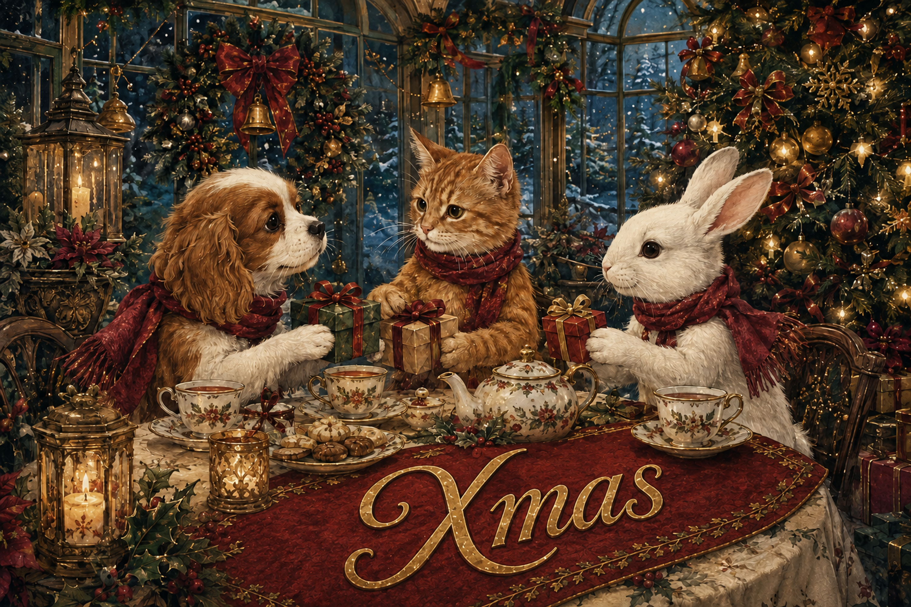犬・猫・うさぎのティーパーティー｜Xmasのクリスマスメッセージカード・背景イラスト96685に写真・文字を入れる