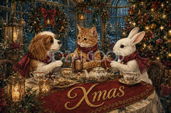 犬・猫・うさぎのティーパーティー｜Xmasのクリスマスメッセージカード・背景イラスト96685