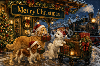 雪の駅で旅支度をする犬たち｜Merry Christmasのメッセージカード・背景イラスト96686