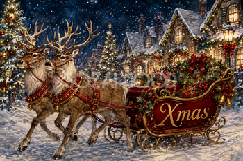 トナカイのそりと光る村｜Xmasのクリスマスメッセージカード・背景イラスト96687