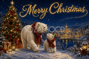白くま親子と星空の雪原｜Merry Christmasのメッセージカード・背景イラスト96688