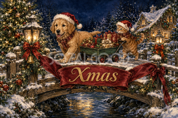 冬の橋で贈り物を運ぶ犬と猫｜Xmasのクリスマスメッセージカード・背景イラスト96689