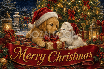 寄り添う子犬と子猫｜Merry Christmasのクリスマスメッセージカード・背景イラスト96690