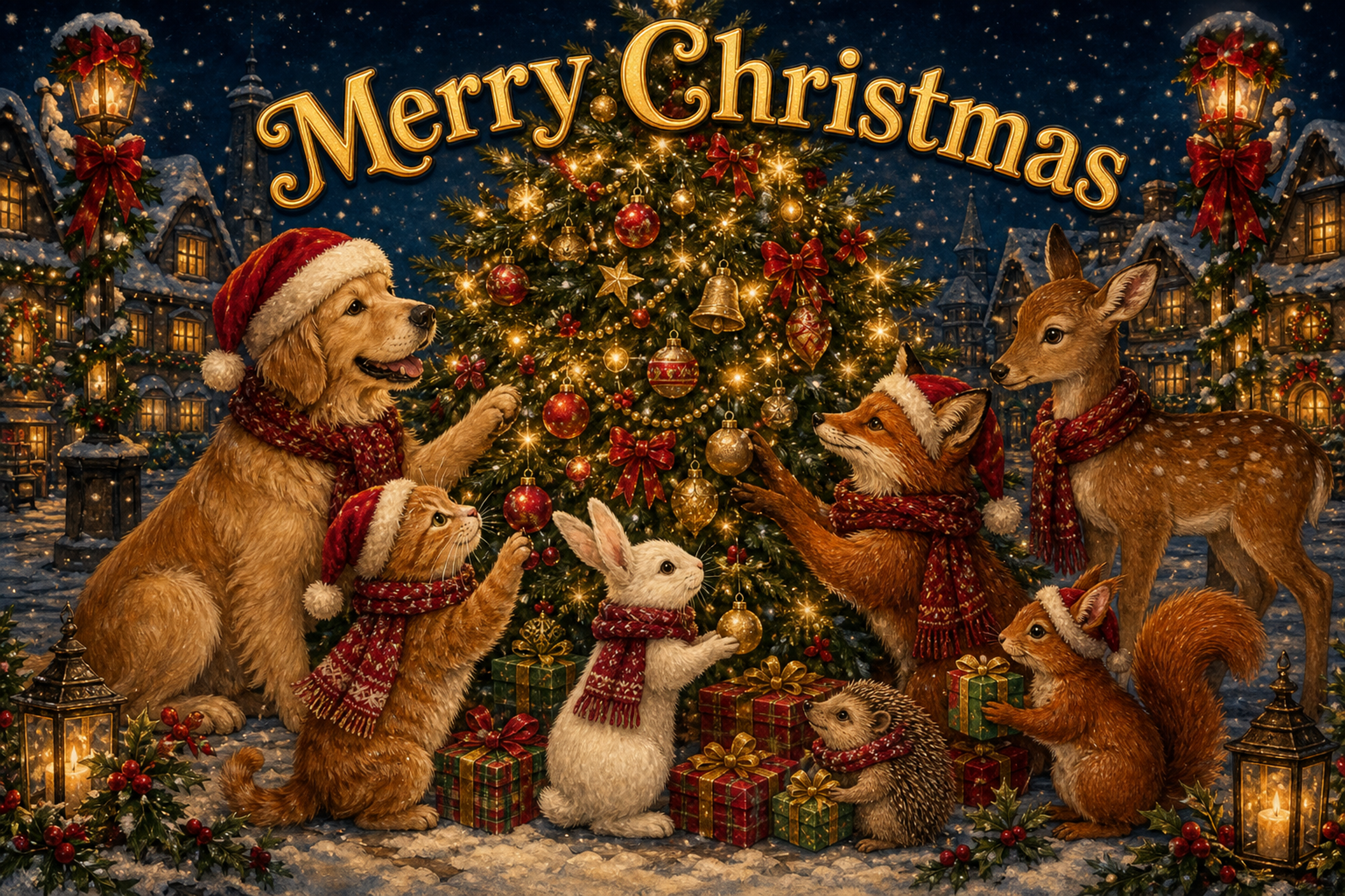犬・猫・うさぎと森の仲間｜Merry Christmasのメッセージカード・背景イラスト96691に写真・文字を入れる