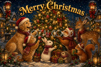 犬・猫・うさぎと森の仲間｜Merry Christmasのメッセージカード・背景イラスト96691