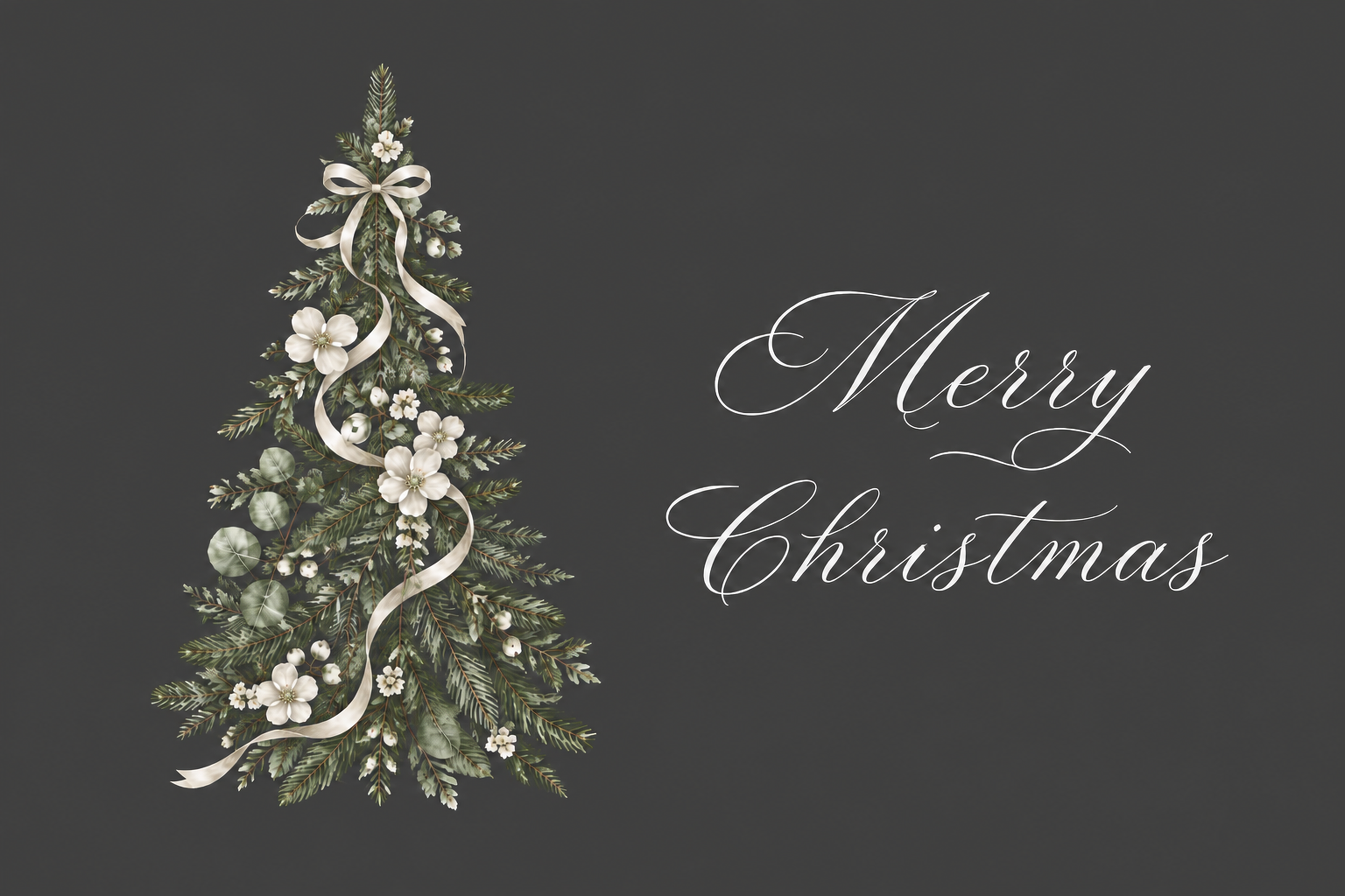 おしゃれな白い花のクリスマスツリーと筆記体メッセージカードイラスト96699に写真・文字を入れる