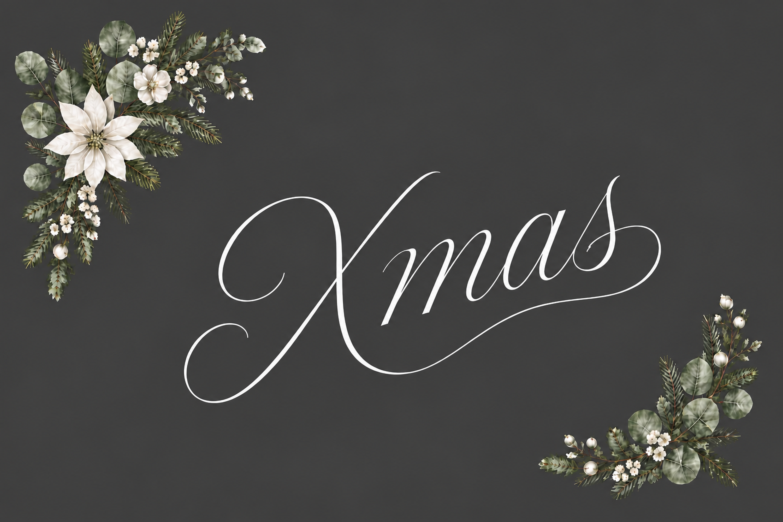 おしゃれな白い花と大きなXmas文字のクリスマスメッセージカードイラスト96701に写真・文字を入れる