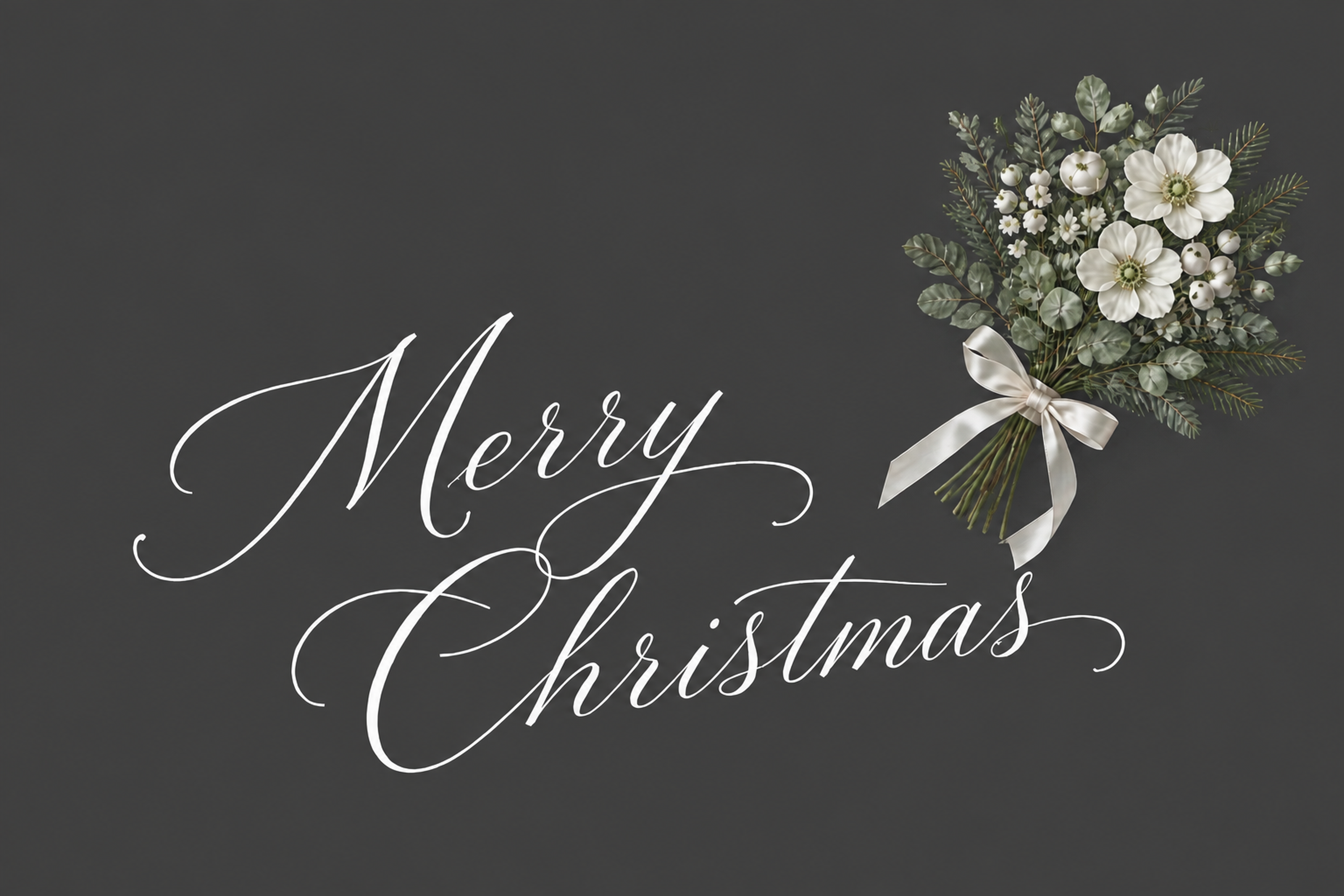 おしゃれな白い花束と流れる文字のクリスマスメッセージカードイラスト96702に写真・文字を入れる