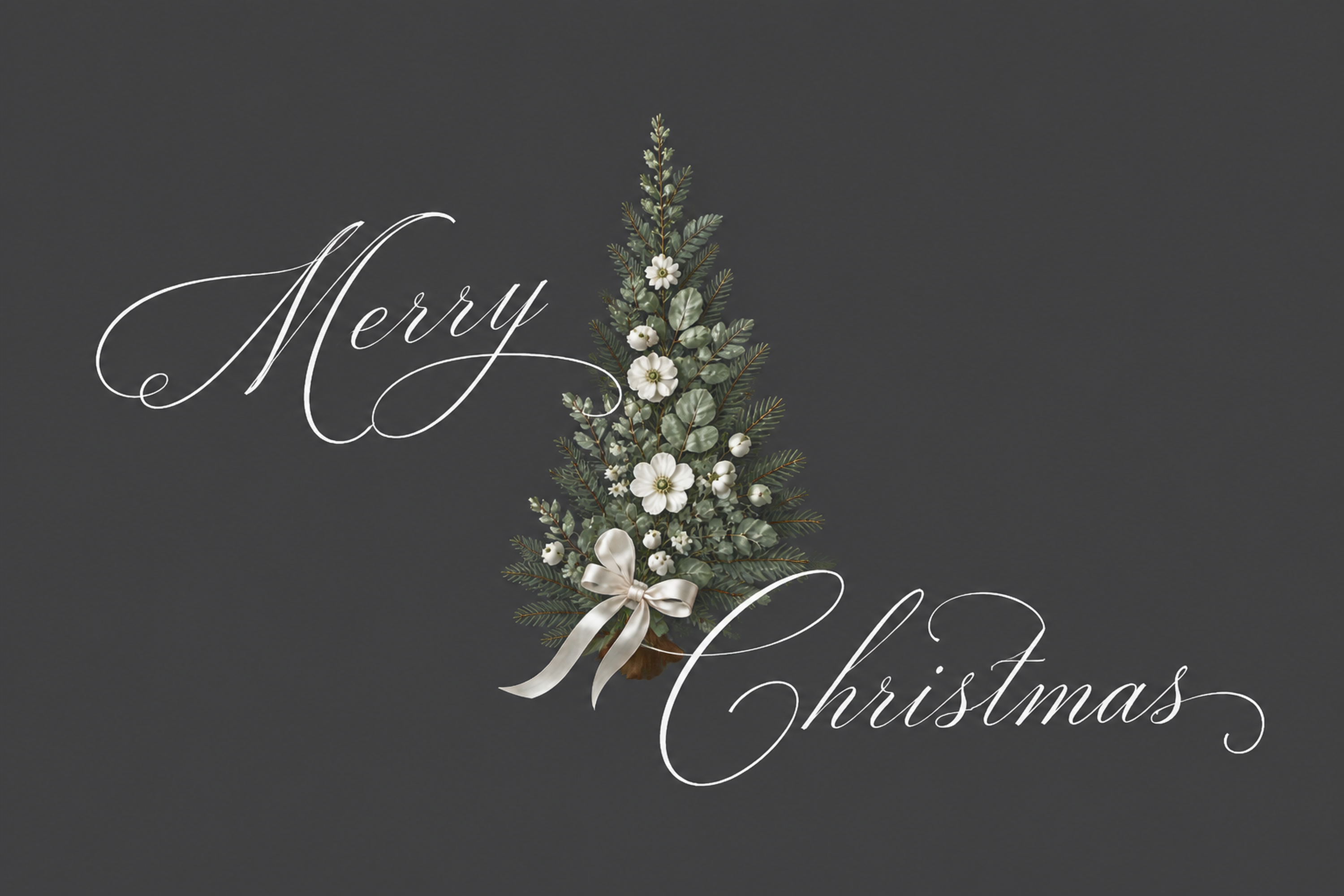 おしゃれな中央の花ツリーと筆記体のクリスマスメッセージカード96703に写真・文字を入れる