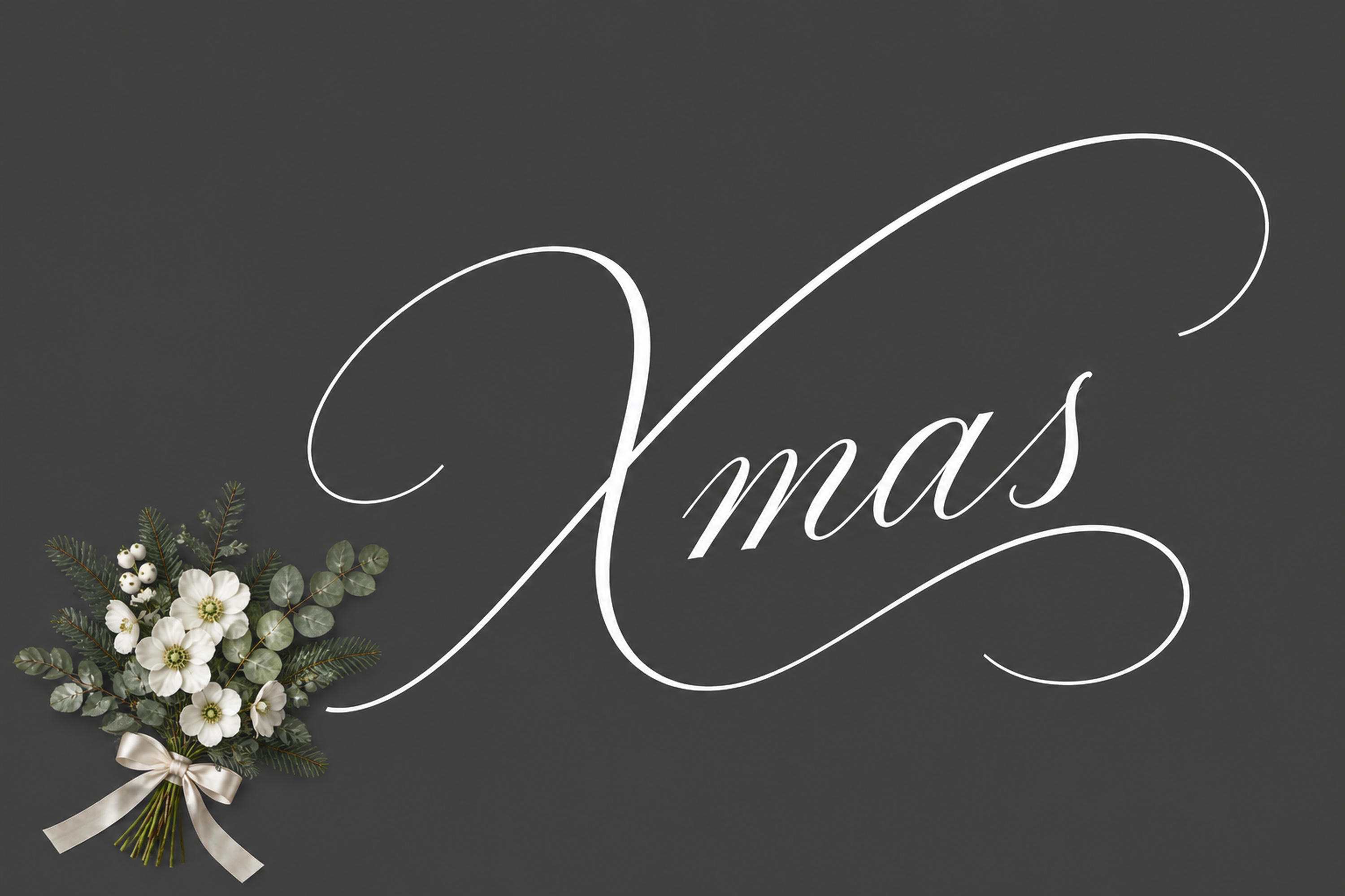 おしゃれな花束と大きなXmas筆記体のクリスマスメッセージカード96704に写真・文字を入れる
