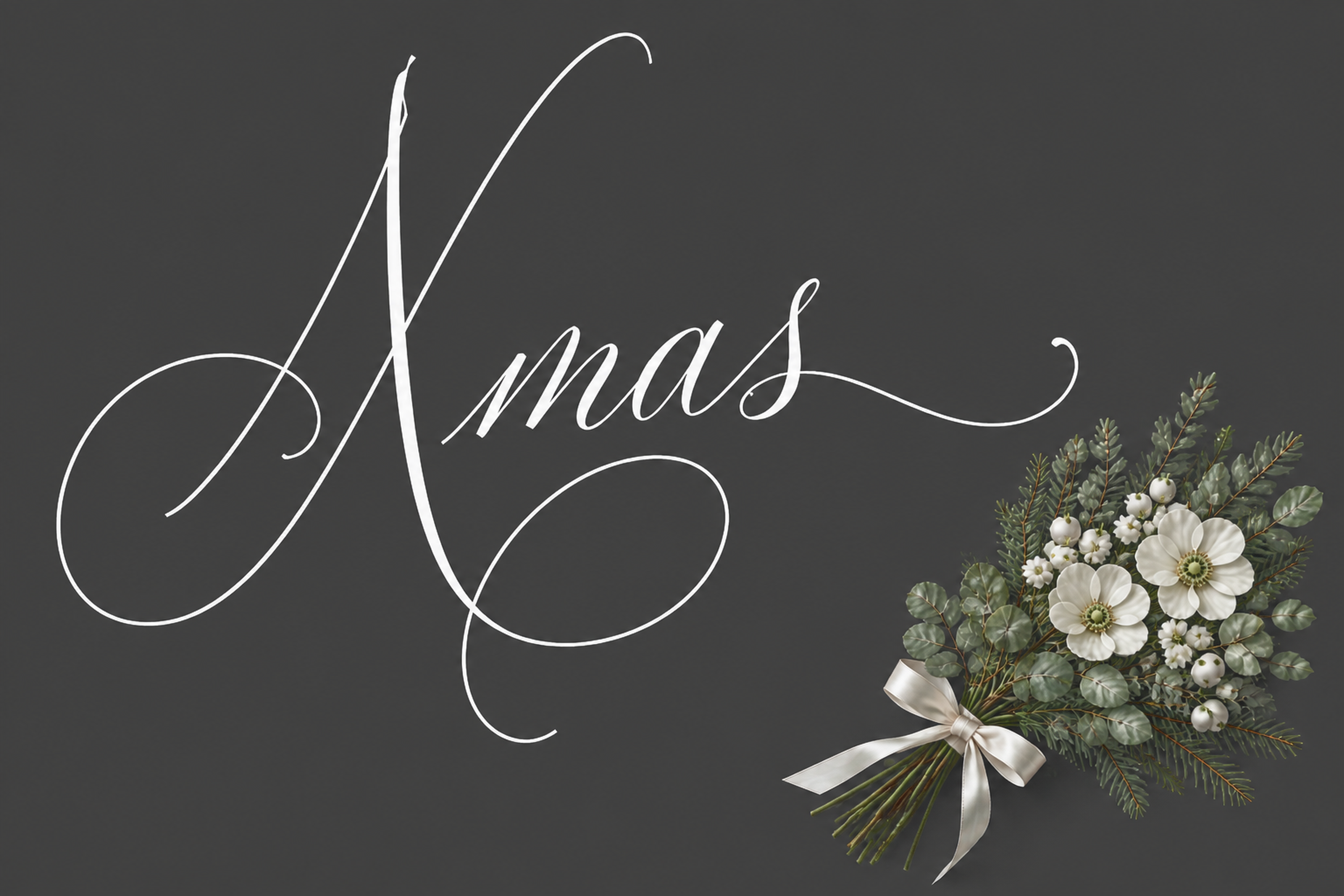 おしゃれな大きなXmas文字と白い花束のクリスマスメッセージカード96706に写真・文字を入れる
