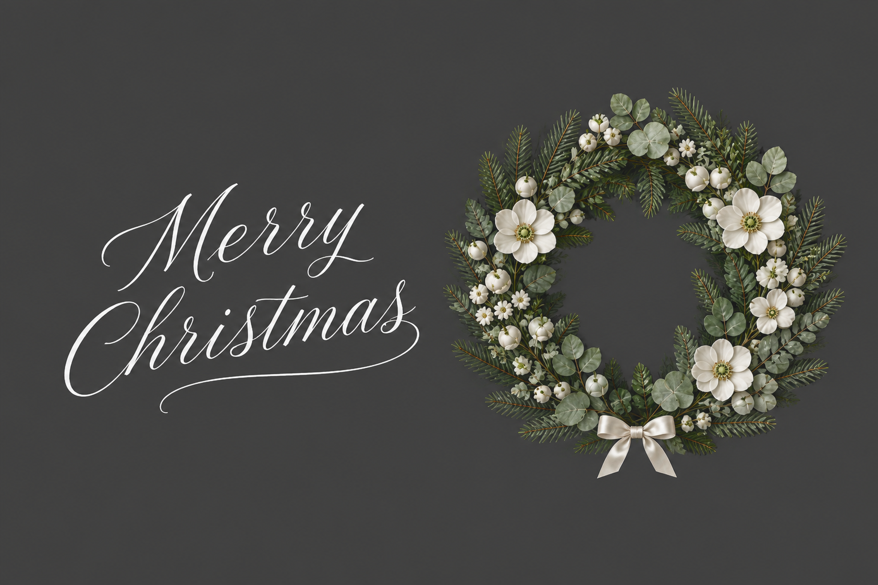 おしゃれな白い花のリースと英語文字のクリスマスメッセージカード96707に写真・文字を入れる