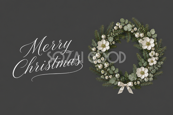 おしゃれな白い花のリースと英語文字のクリスマスメッセージカード96707