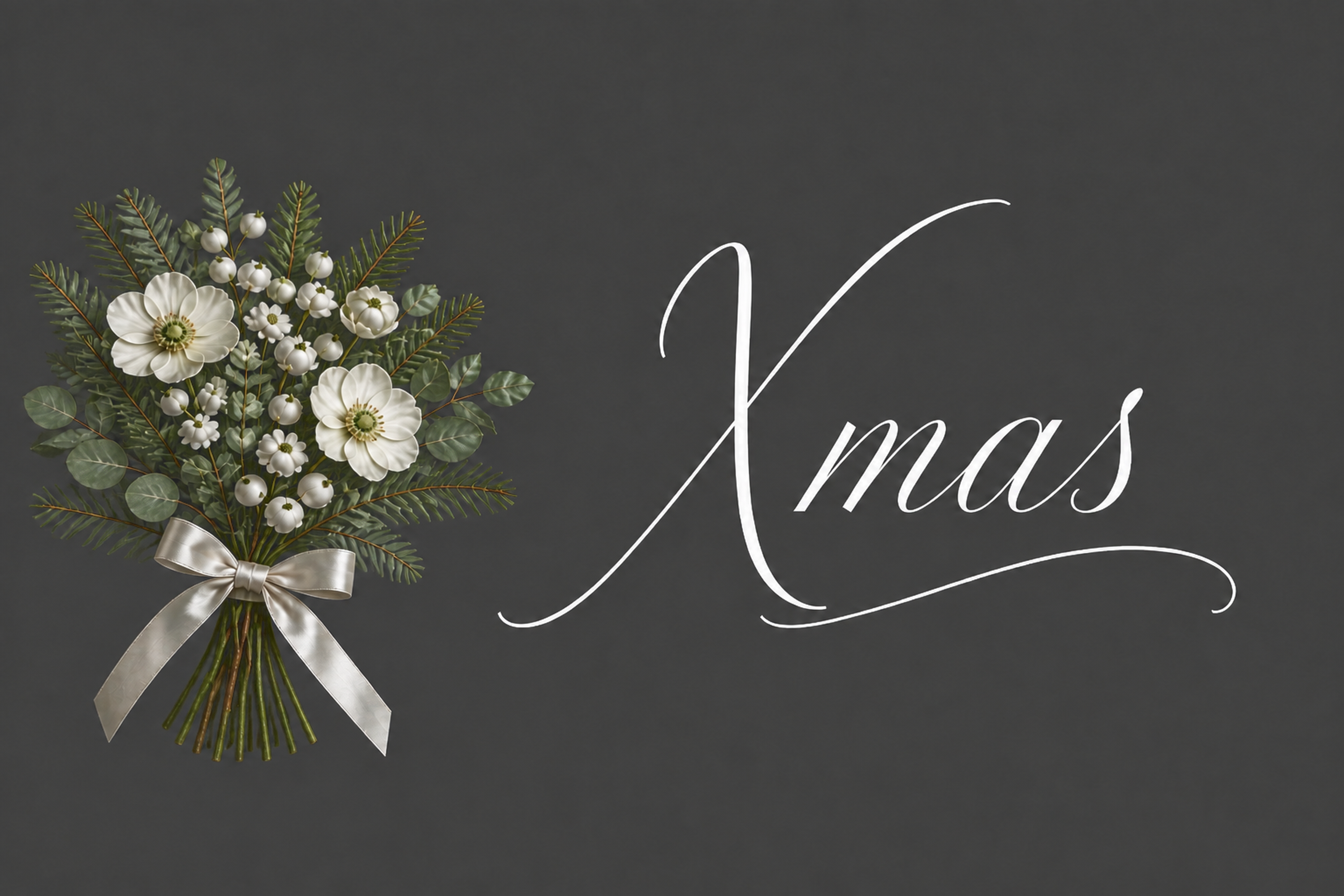 おしゃれな白いクリスマス花束とXmas文字のメッセージカードイラスト96708に写真・文字を入れる