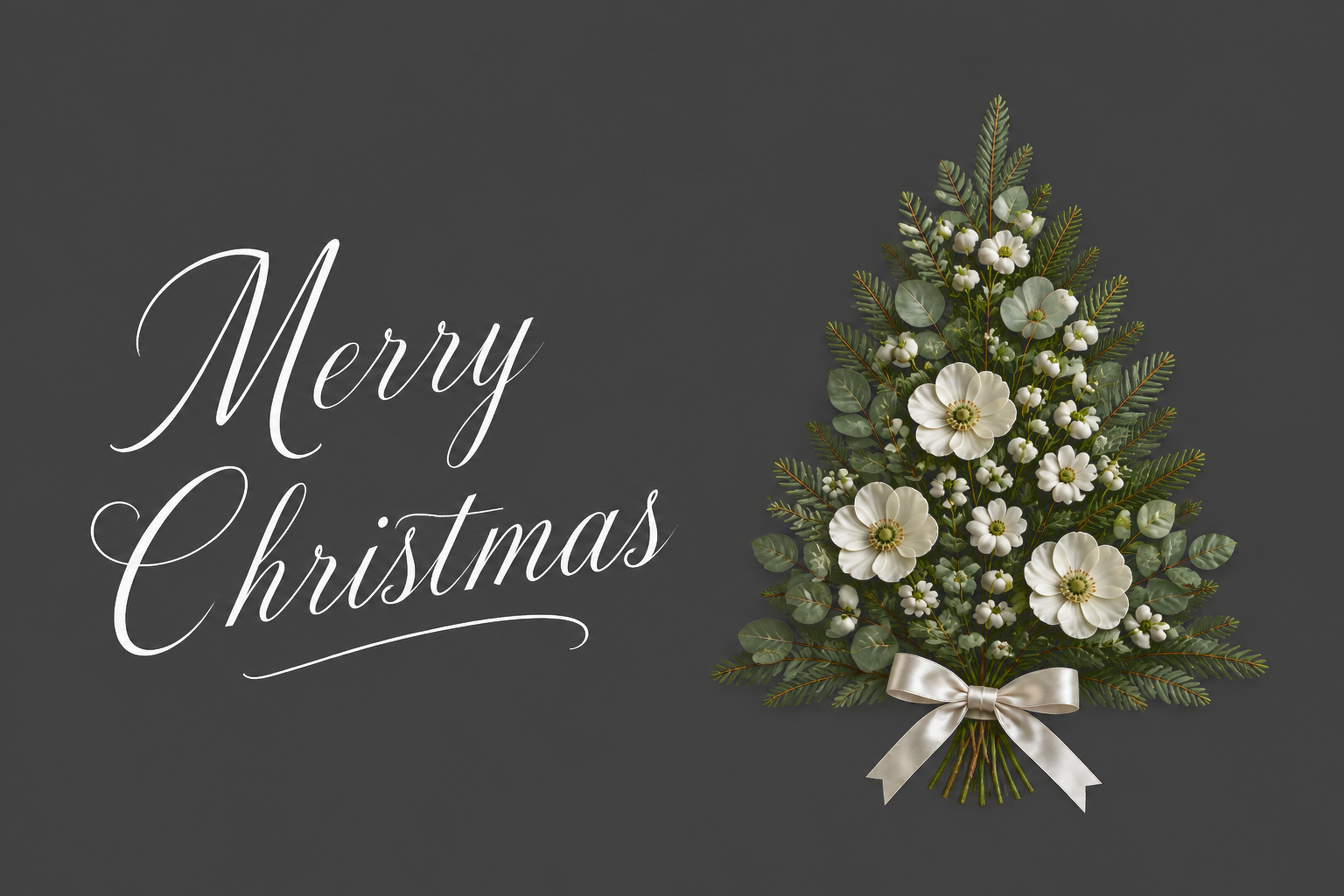 おしゃれな白い花束を添えたシンプルなクリスマスメッセージカード96709に写真・文字を入れる