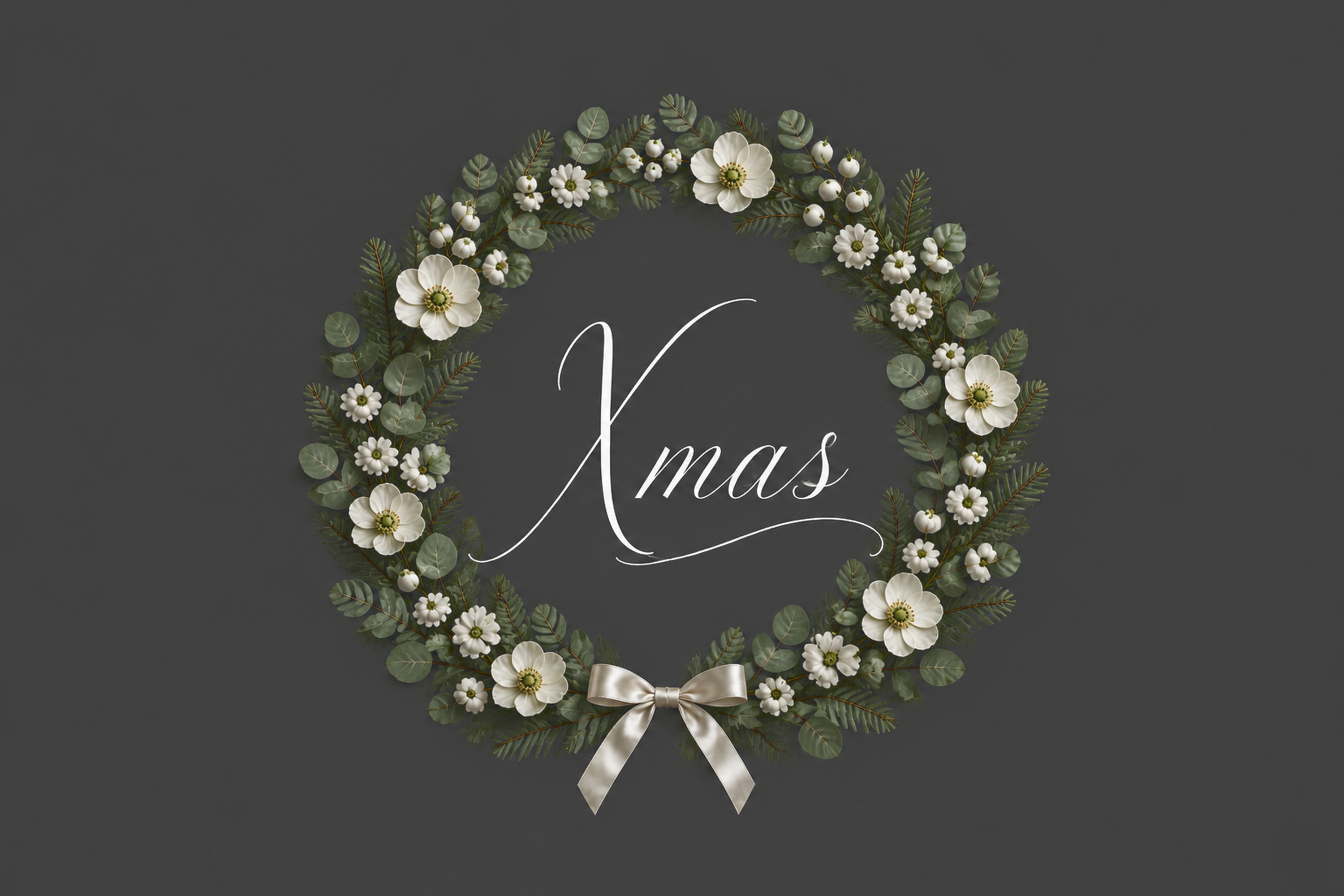 おしゃれな白い花の丸いリースとXmas文字のクリスマスメッセージカード96710に写真・文字を入れる