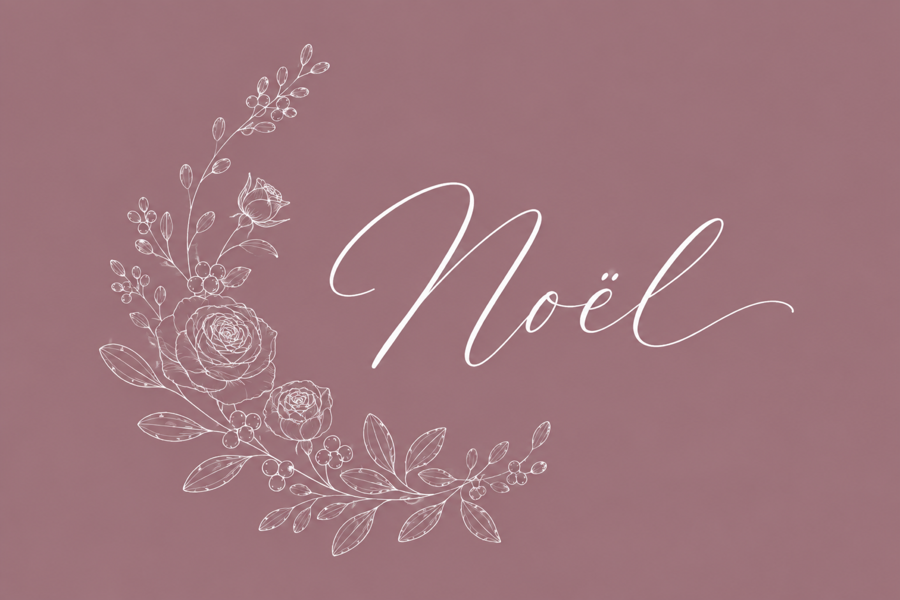白線のバラとNoëlのくすみピンククリスマスメッセージカードイラスト｜無料素材96735に写真・文字を入れる