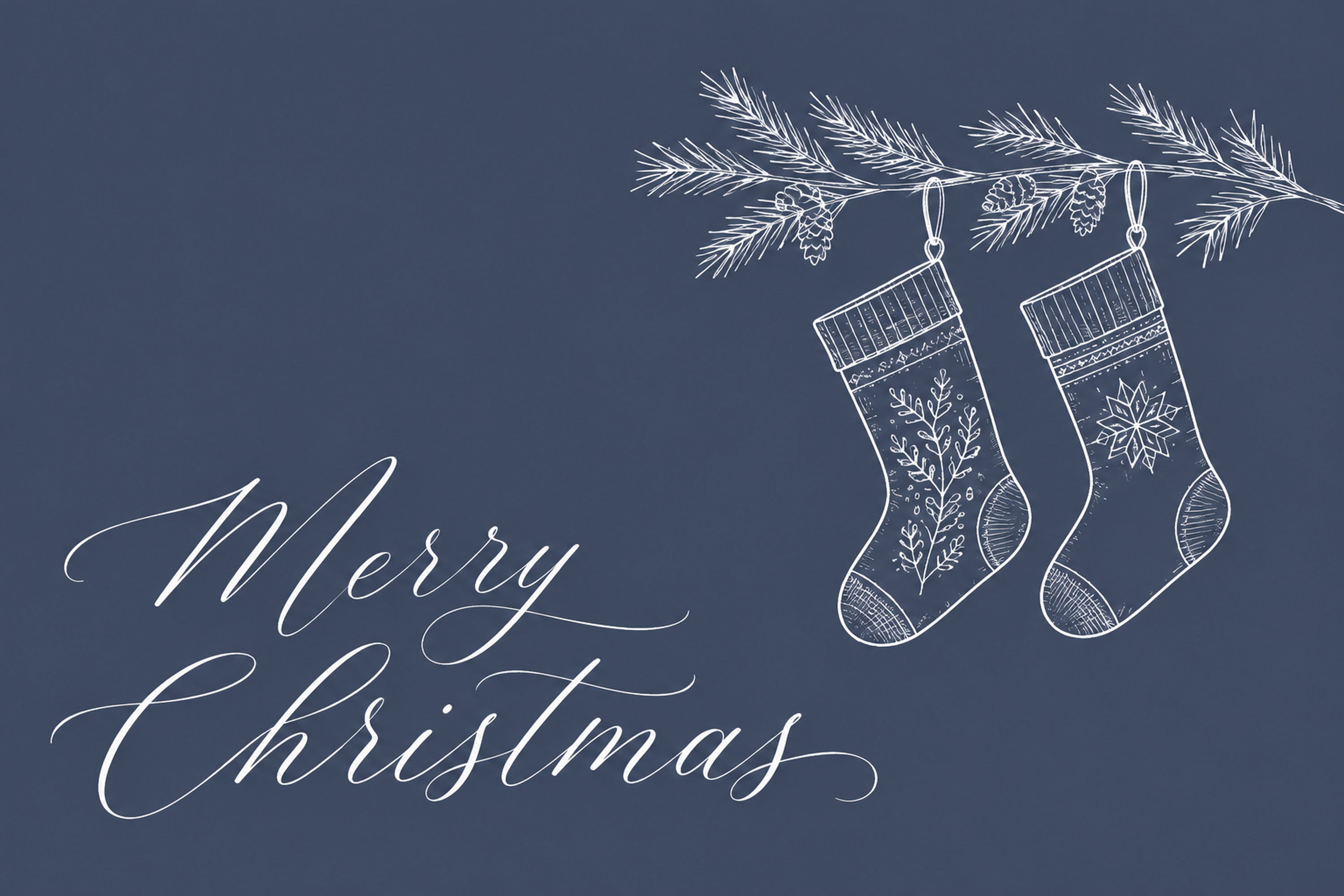 白線のクリスマス靴下と筆記体のおしゃれなメッセージカードイラスト96790に写真・文字を入れる