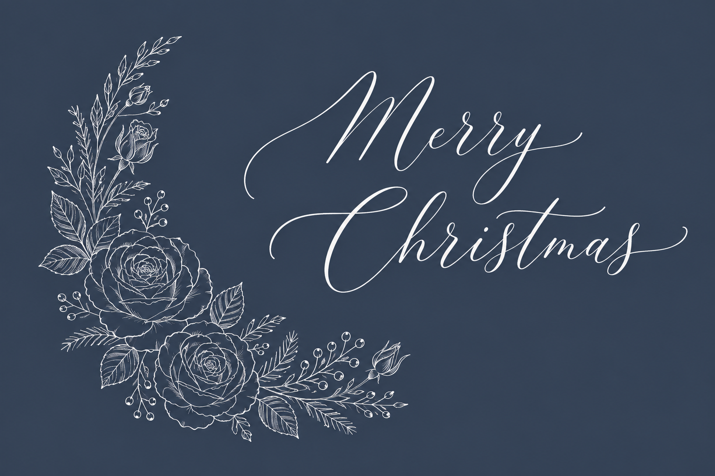 白線のバラと三日月飾りのおしゃれなクリスマスメッセージカードイラスト96795に写真・文字を入れる