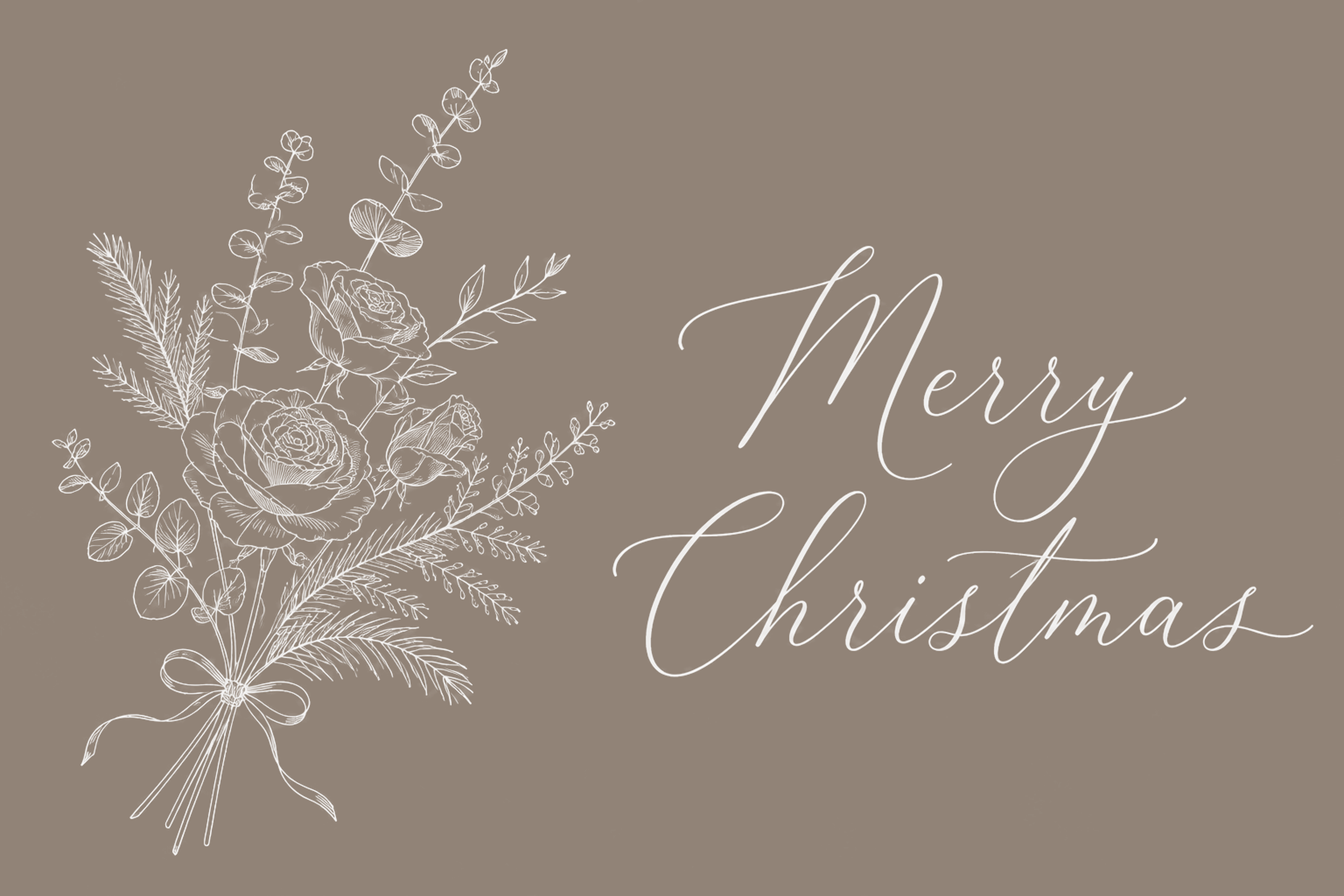 ローズの花束と白い筆記体のクリスマスメッセージカードイラスト96798に写真・文字を入れる