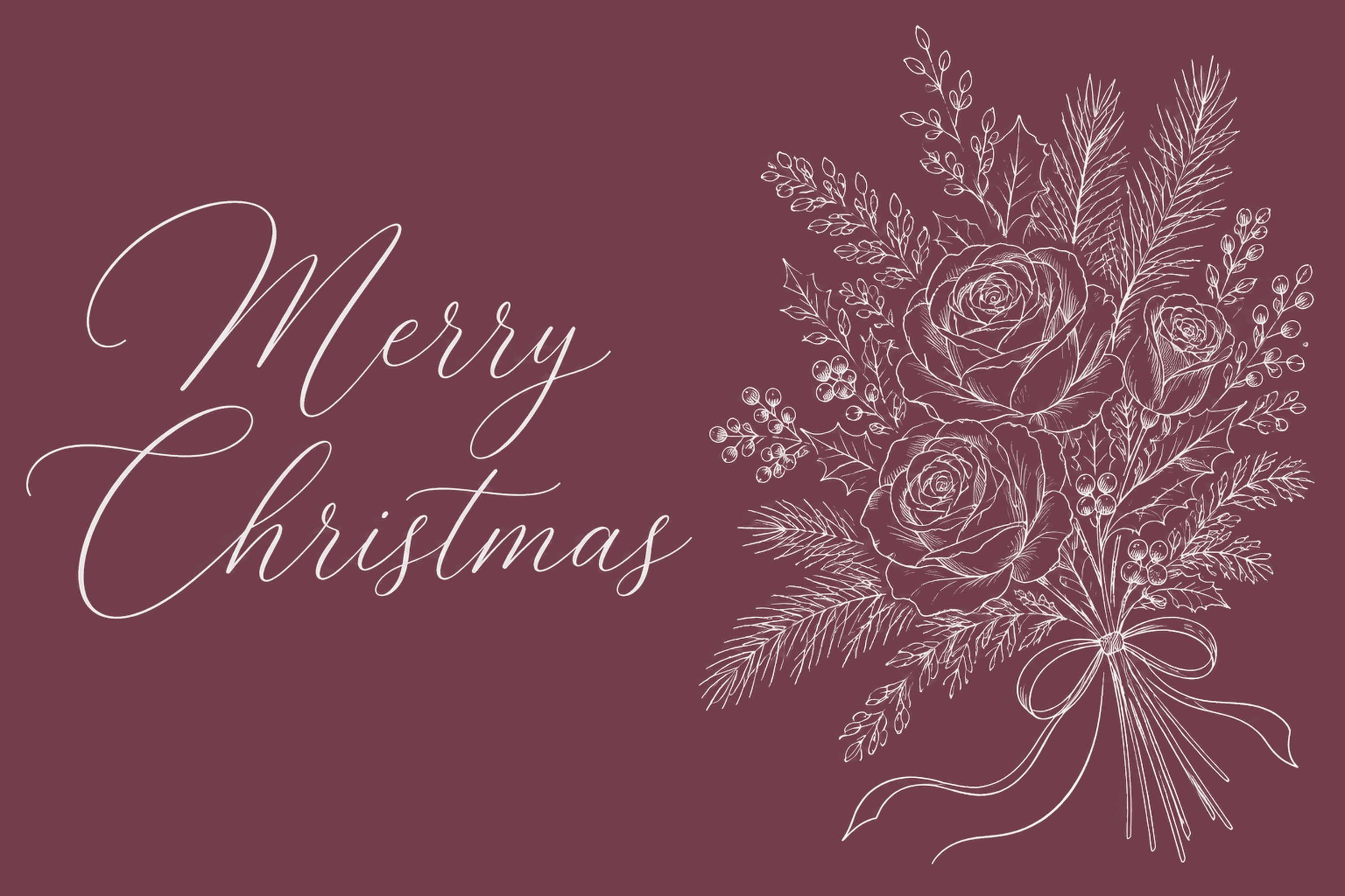 ローズの花束と白い筆記体のクリスマスメッセージカードイラスト96819に写真・文字を入れる