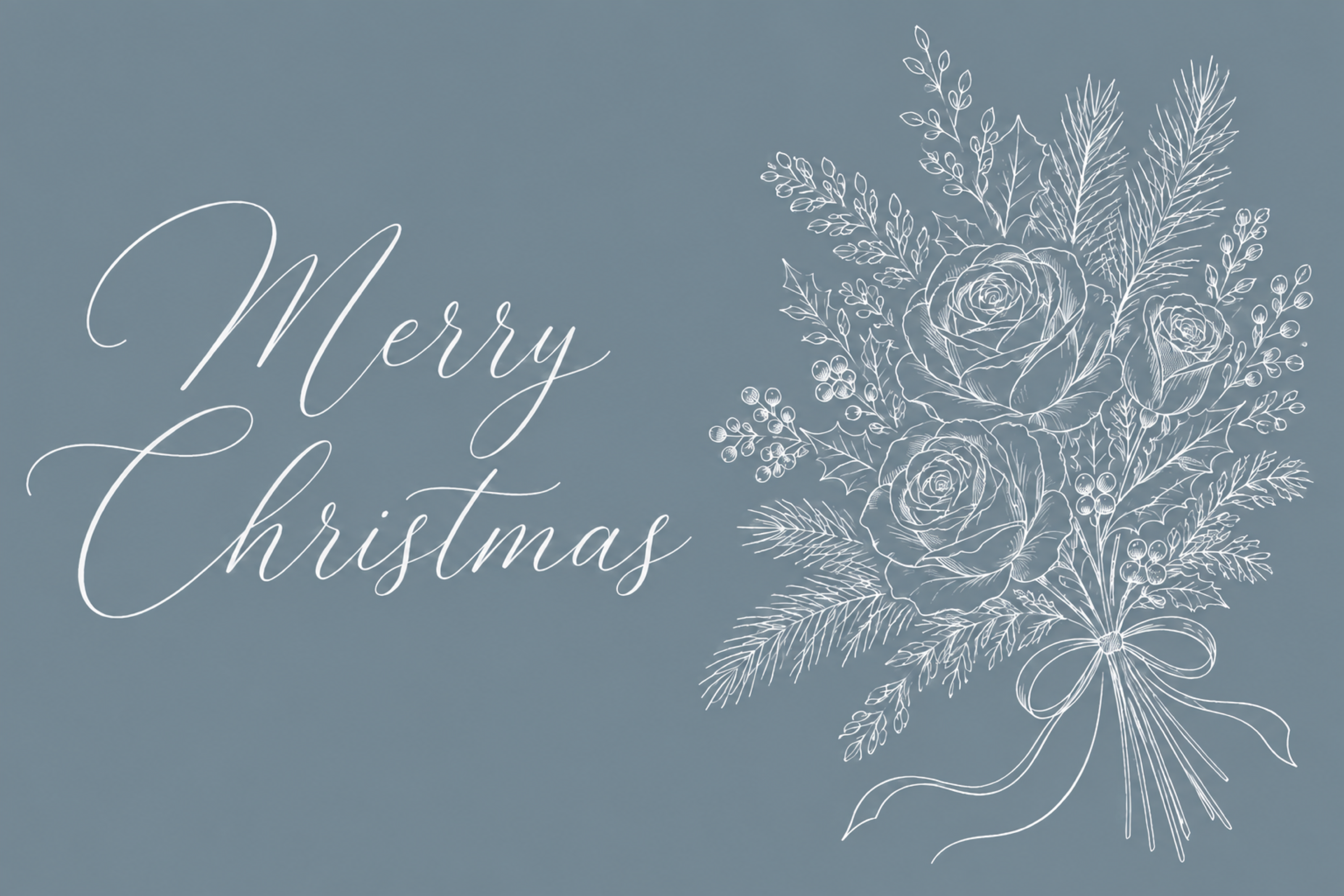 冬のバラの花束と白い筆記体のクリスマスメッセージカードイラスト96840に写真・文字を入れる