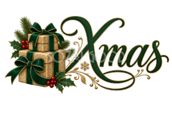 プレゼントとXmas文字のおしゃれなクリスマスロゴイラスト96897