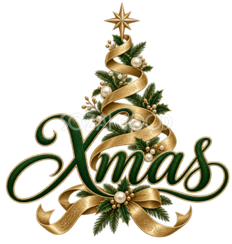 ゴールドのリボンツリーとXmasのおしゃれなロゴ・文字イラスト96900