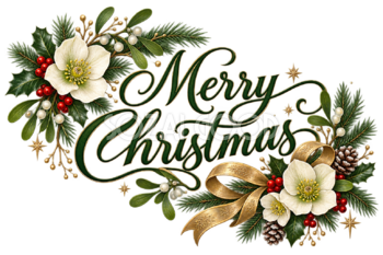冬の白い花とMerry Christmasのおしゃれなロゴ・文字イラスト96901