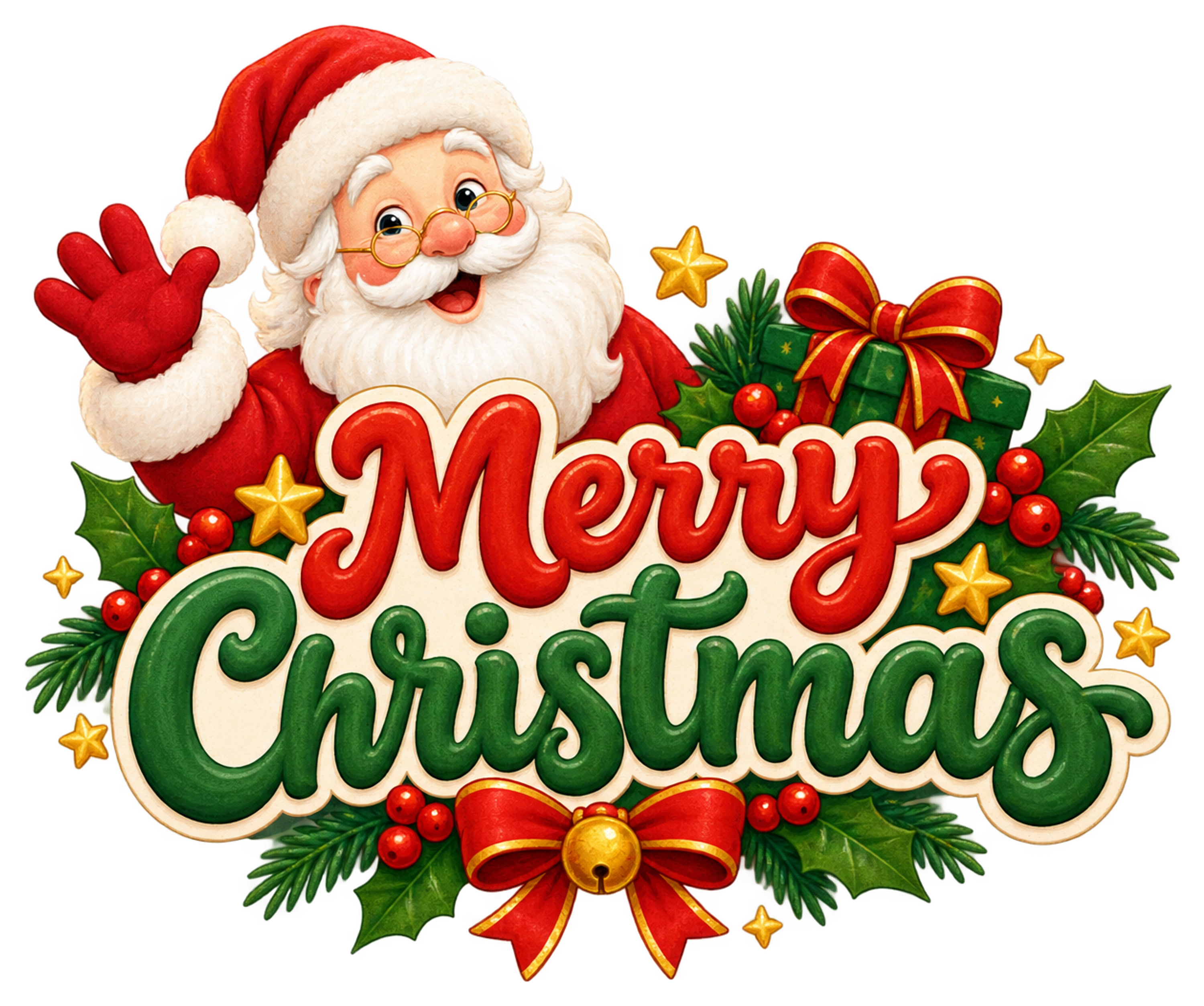 手を振るサンタと英語文字のかわいいクリスマスロゴイラスト96903に写真・文字を入れる