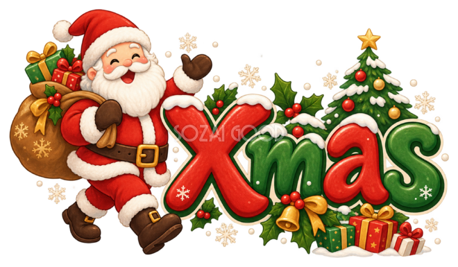 プレゼント袋を担ぐサンタとXmas文字のかわいいロゴイラスト96904