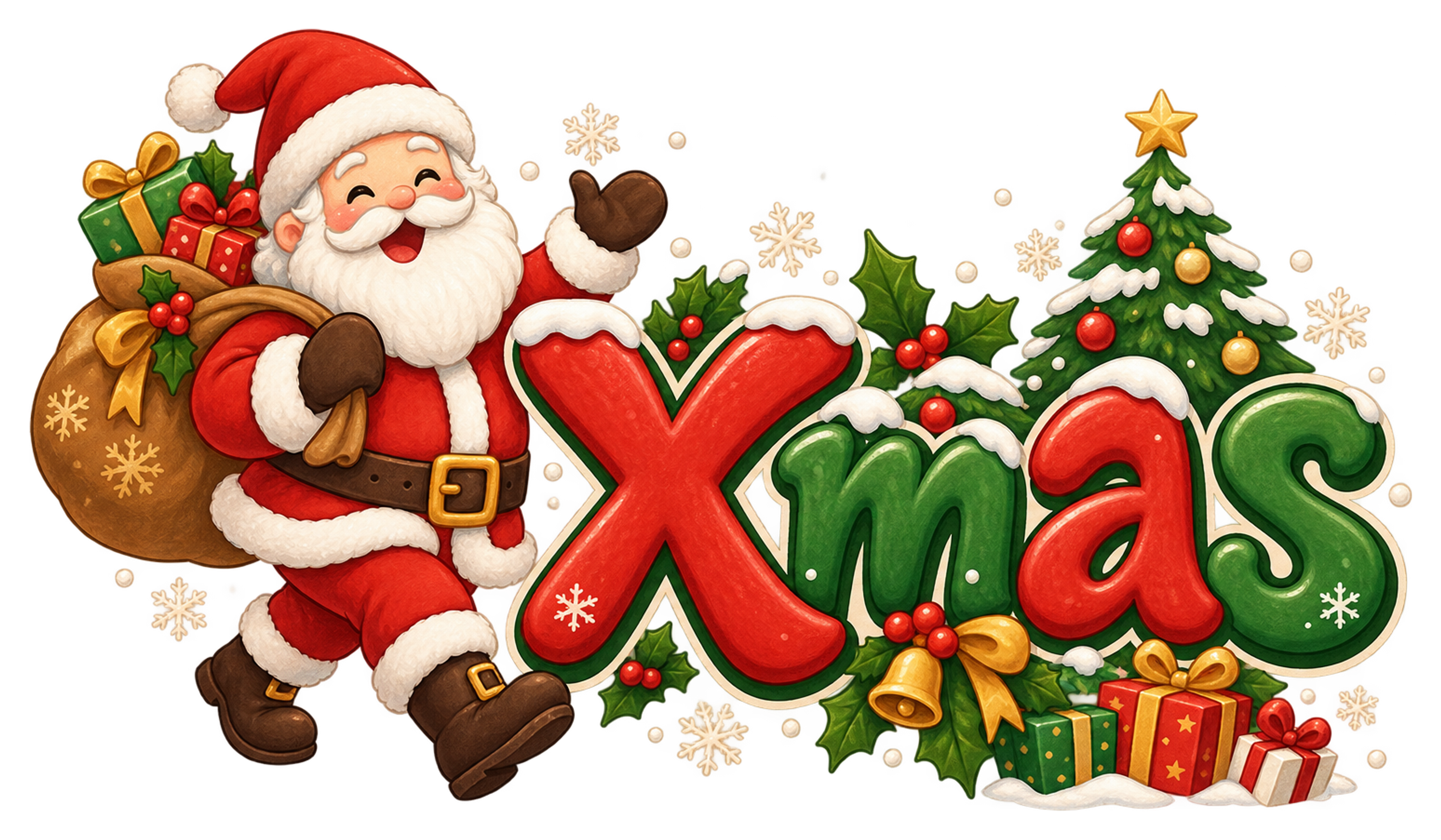 プレゼント袋を担ぐサンタとXmas文字のかわいいロゴイラスト96904に写真・文字を入れる
