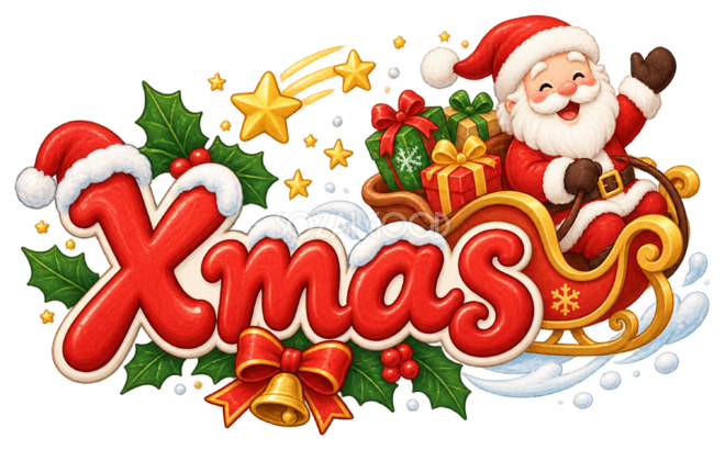 そりに乗るサンタとXmas文字のかわいいクリスマスロゴイラスト96906