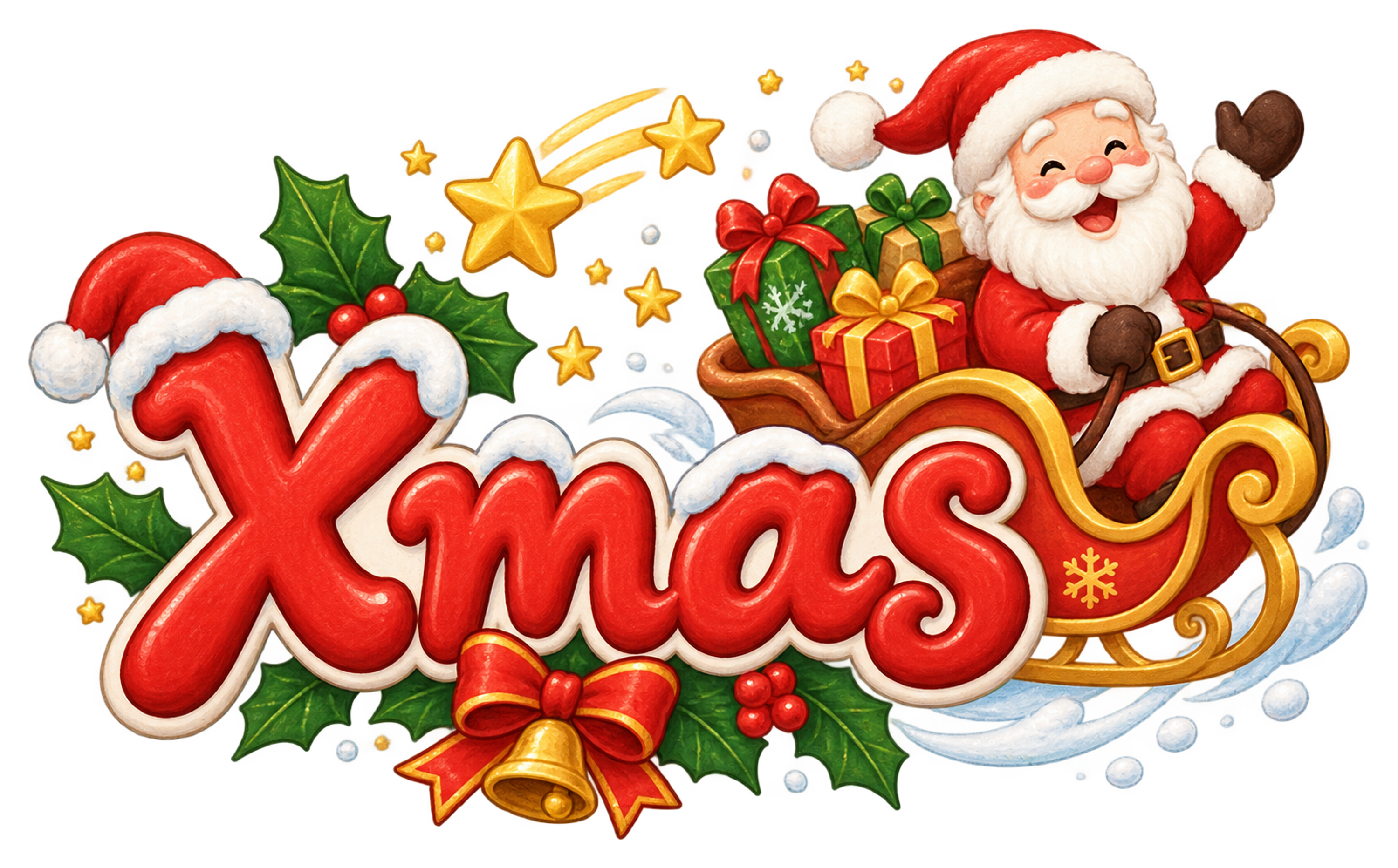 そりに乗るサンタとXmas文字のかわいいクリスマスロゴイラスト96906に写真・文字を入れる