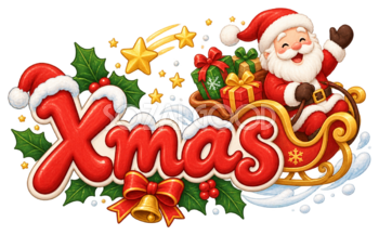 そりに乗るサンタとXmas文字のかわいいクリスマスロゴイラスト96906
