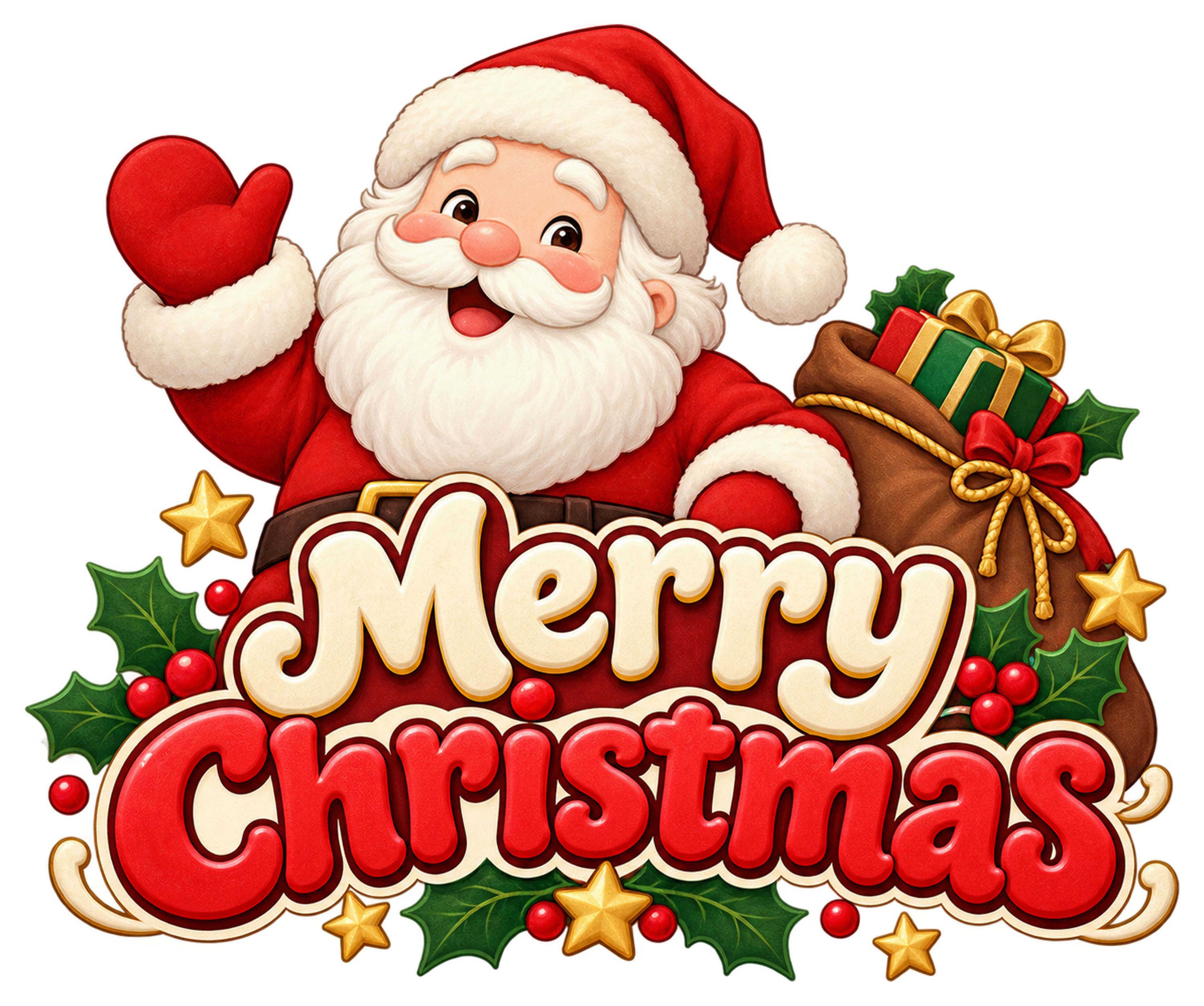 ギフトを届けるサンタと英語文字のかわいいクリスマスロゴイラスト96907に写真・文字を入れる