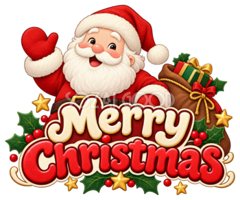 ギフトを届けるサンタと英語文字のかわいいクリスマスロゴイラスト96907